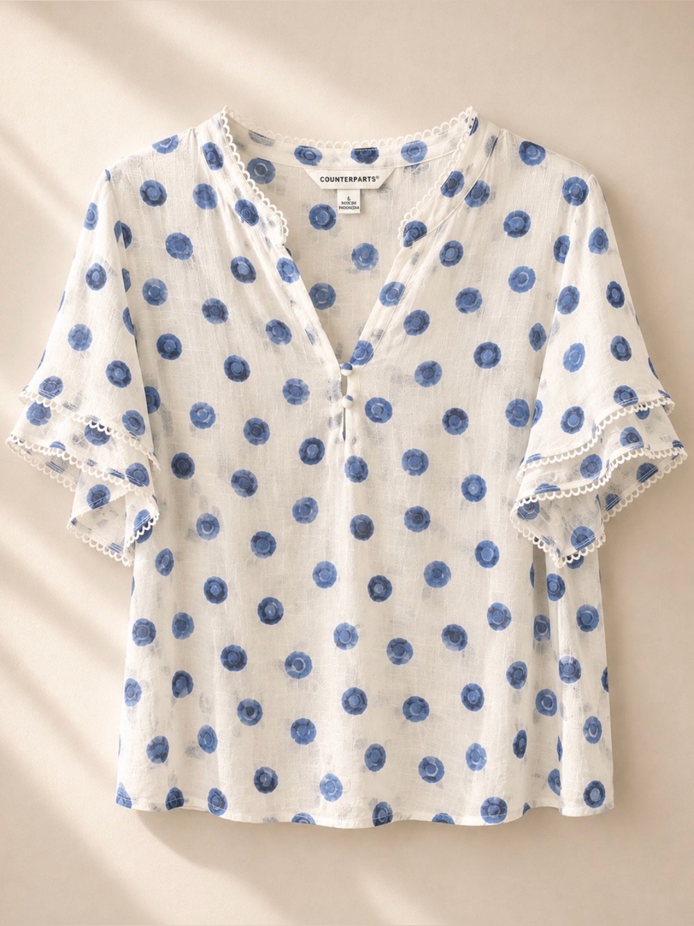Counterparts White Blouse with Blue Polka Dot Print